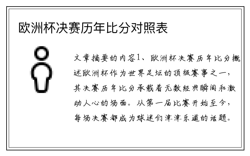 欧洲杯决赛历年比分对照表