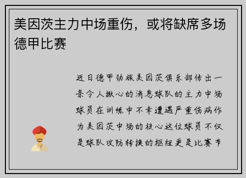 美因茨主力中场重伤，或将缺席多场德甲比赛